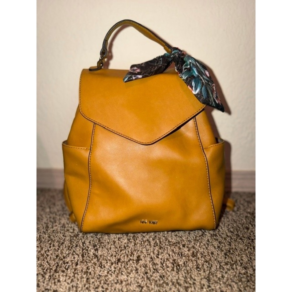 Nine West Mustard Yellow Faux Leather Mini Backpack with Floral Scarf Accent